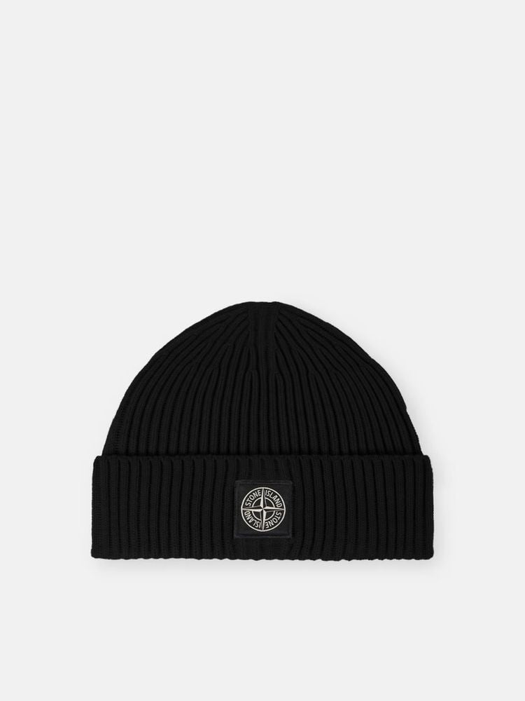 Stone Island L2s15n100002s00c3v00 Ribbed Knit Beanie — Black Wool Blend Beanies