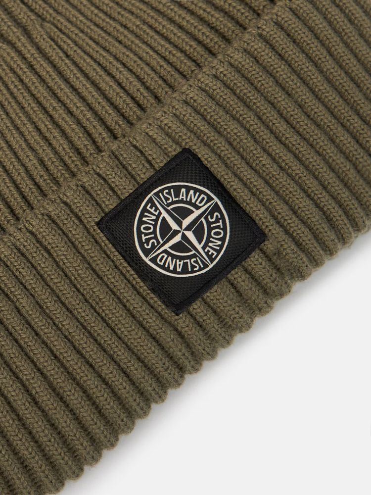 Stone Island L2s15n100002s00c3v00 Ribbed Wool Knit Beanie — Khaki Beanies