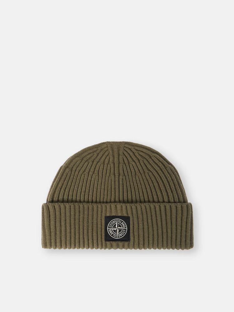Stone Island L2s15n100002s00c3v00 Ribbed Wool Knit Beanie — Khaki Beanies
