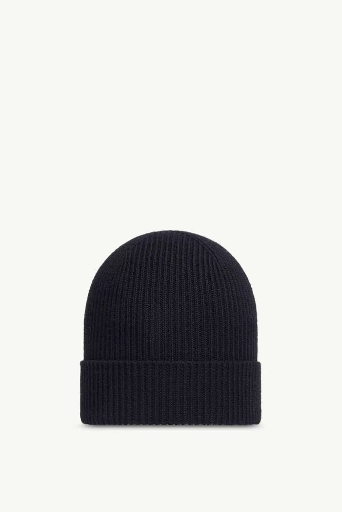 Moncler L20913b70500a9342999 Ribbed Knit Logo Beanie — Navy Wool Beanies