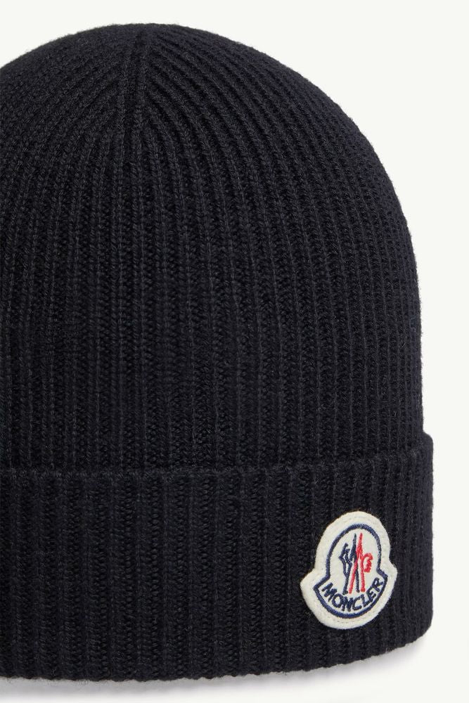 Moncler L20913b70500a9342999 Ribbed Knit Logo Beanie — Navy Wool Beanies
