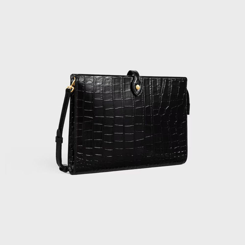 Celine Crocodile-Embossed Leather Shoulder Bag — Black