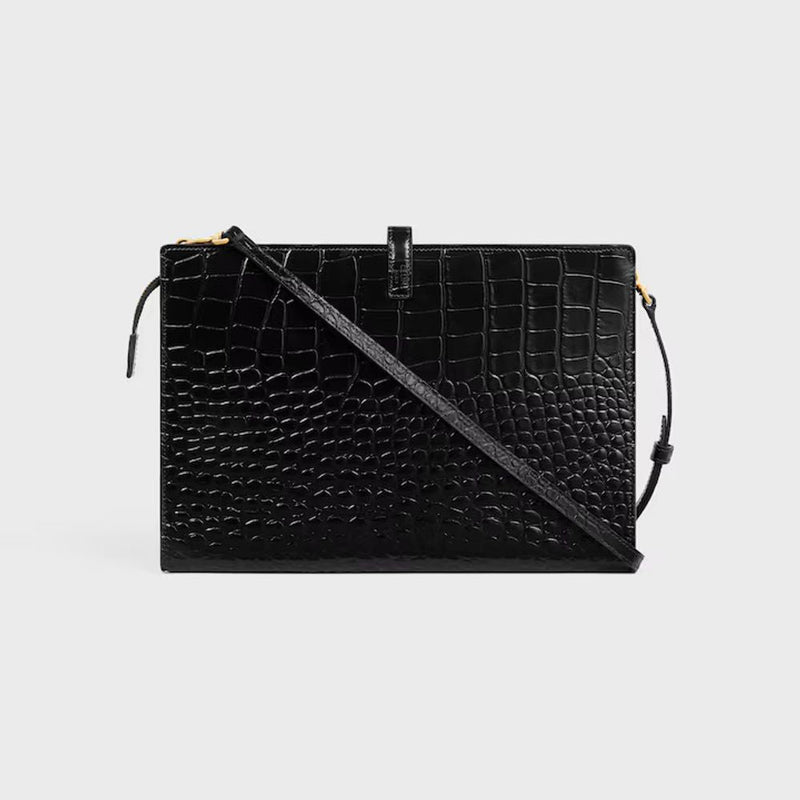 Celine Crocodile-Embossed Leather Shoulder Bag — Black