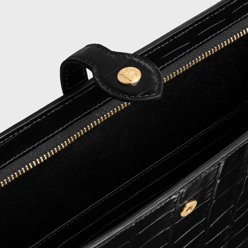 Celine Crocodile-Embossed Leather Shoulder Bag — Black