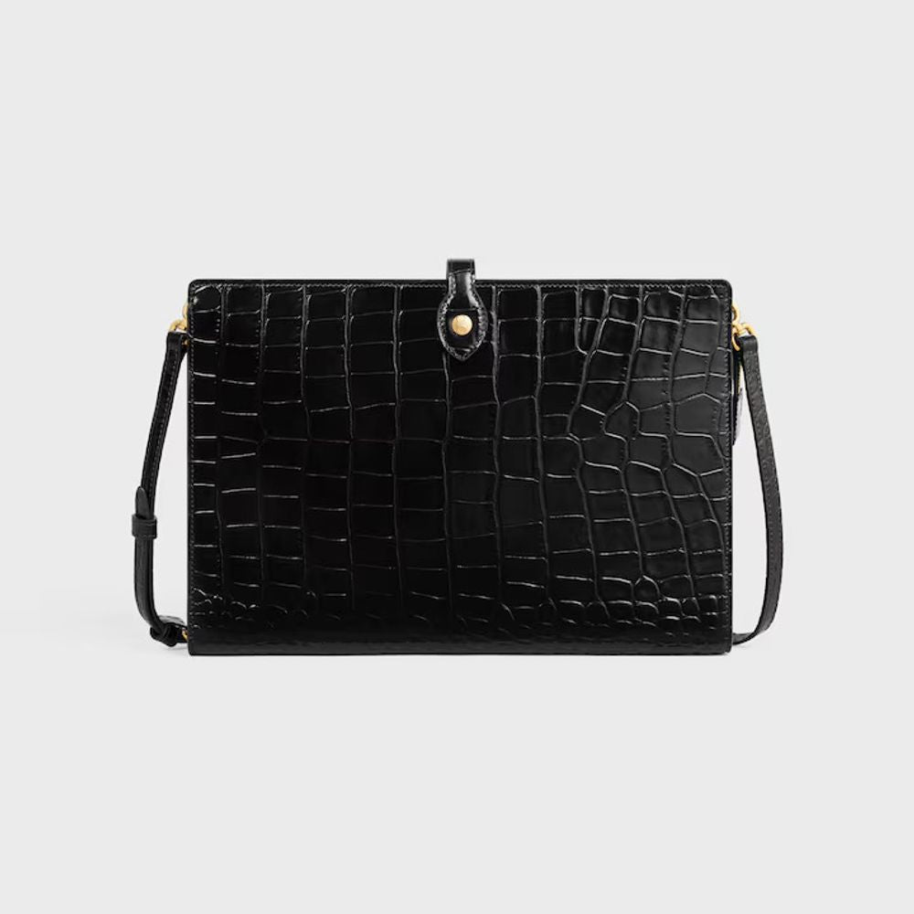 Celine Crocodile-Embossed Leather Shoulder Bag — Black