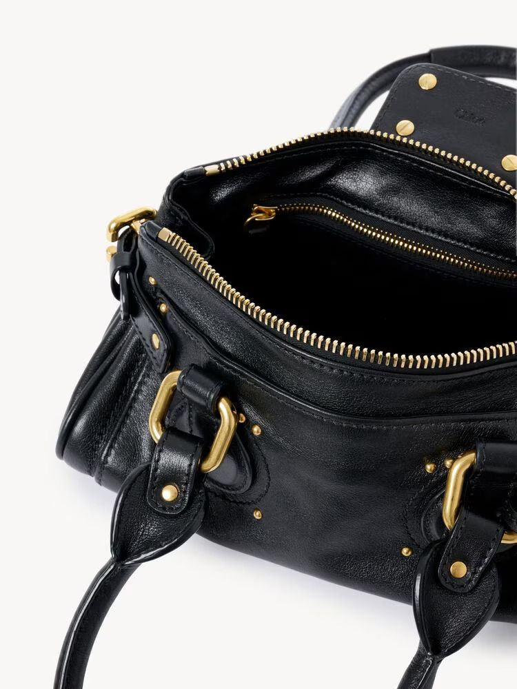 Chloé Gold-Hardware Structured Shoulder Bag — Black Leather