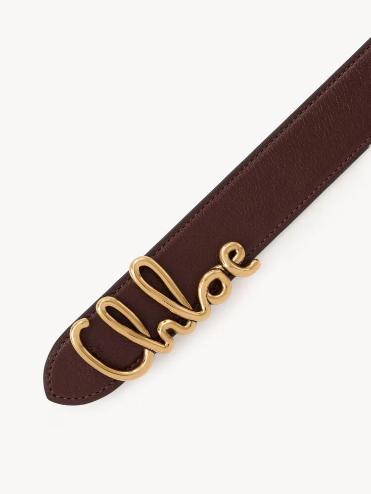 Chloé Script Logo Buckle Belt — Brown Calfskin Leather