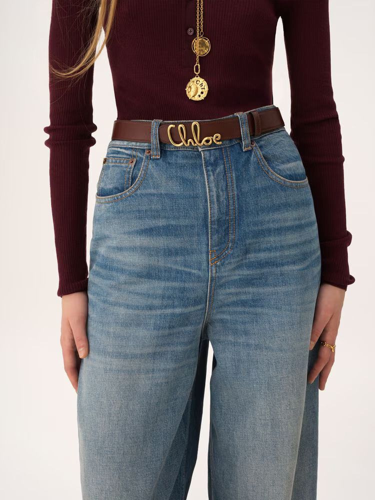 Chloé Script Logo Buckle Belt — Brown Calfskin Leather