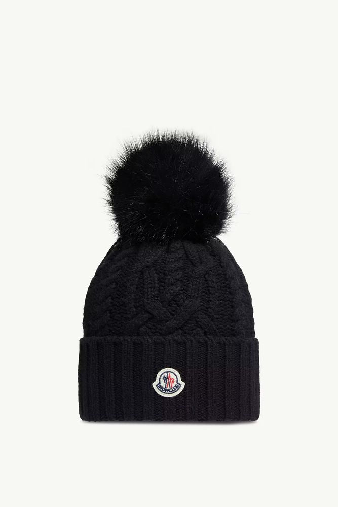 Moncler L20933b00041m4506999 Fur Pom-Pom Beanie — Black Wool With Beanies
