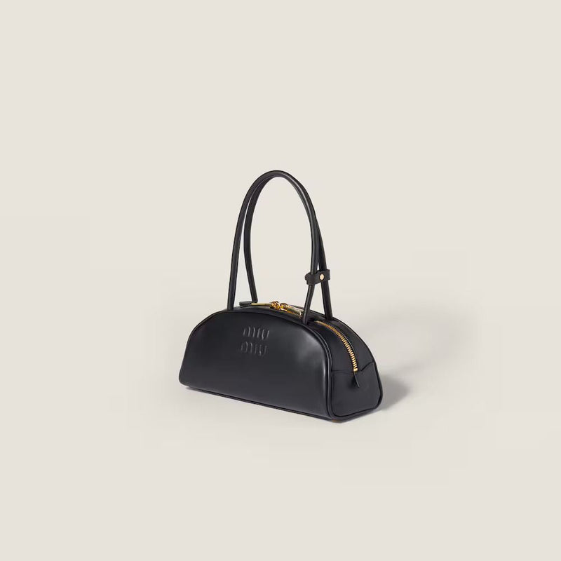 Miu Miu Embossed Logo Top Handle Bag — Black Leather