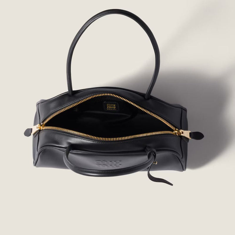 Miu Miu Embossed Logo Top Handle Bag — Black Leather
