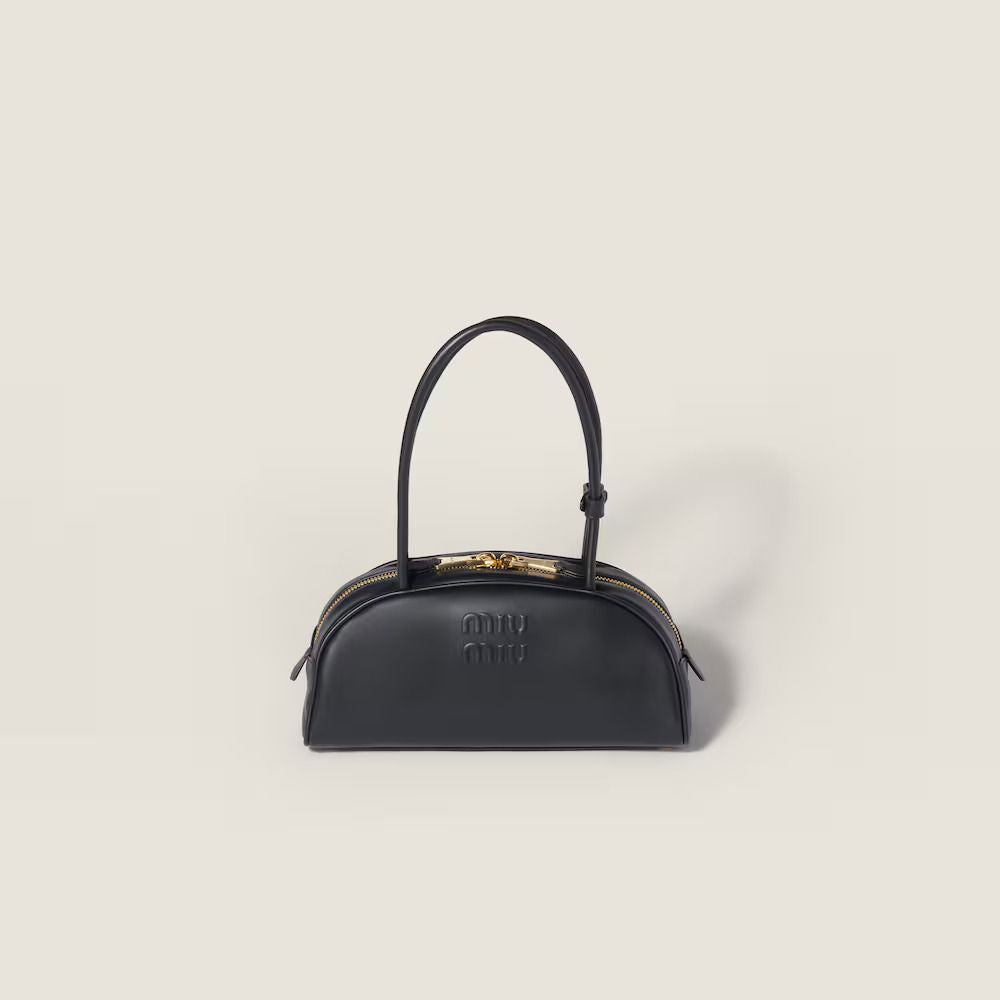 Miu Miu Embossed Logo Top Handle Bag — Black Leather
