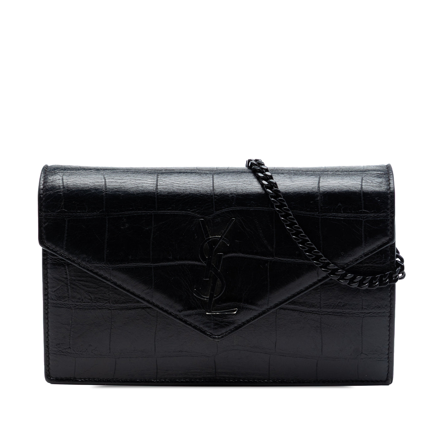 Croc Embossed Leather Monogram Monochrome Envelope Chain Wallet - Image 1