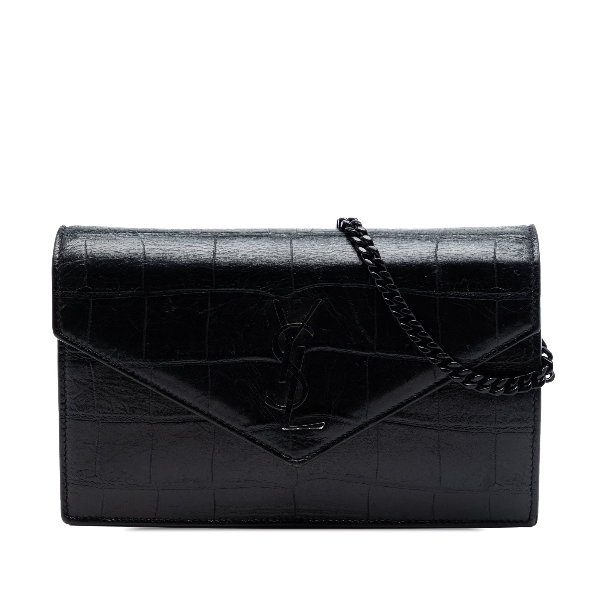 Croc Embossed Leather Monogram Monochrome Envelope Chain Wallet - Image 1