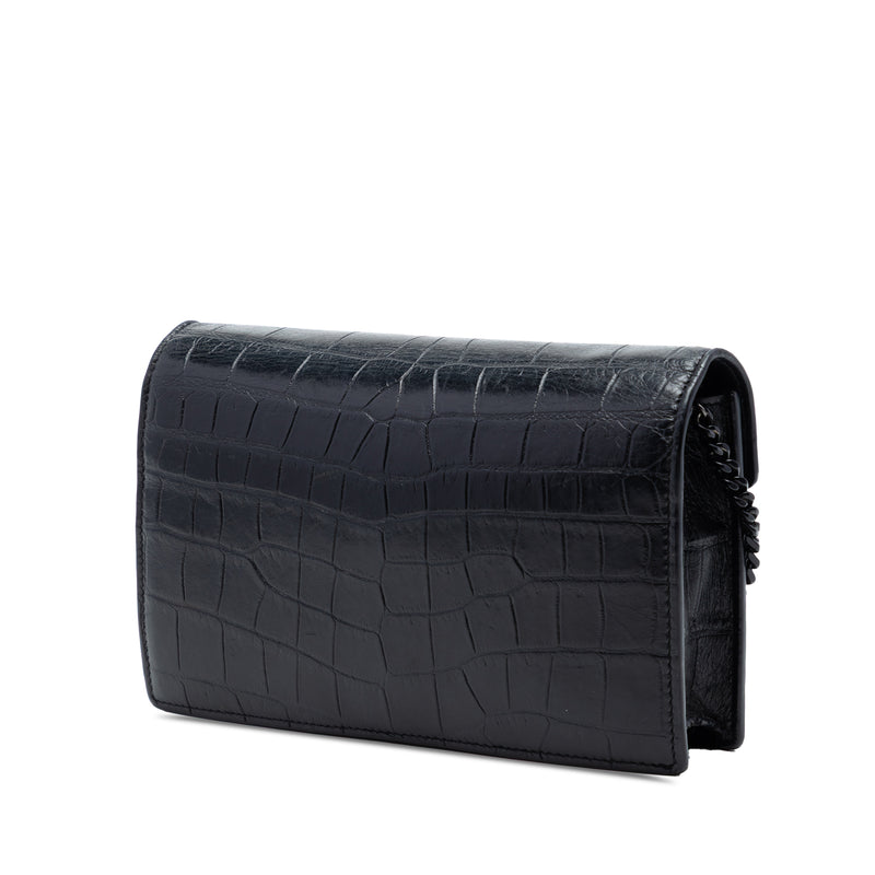 Croc Embossed Leather Monogram Monochrome Envelope Chain Wallet - Image 2