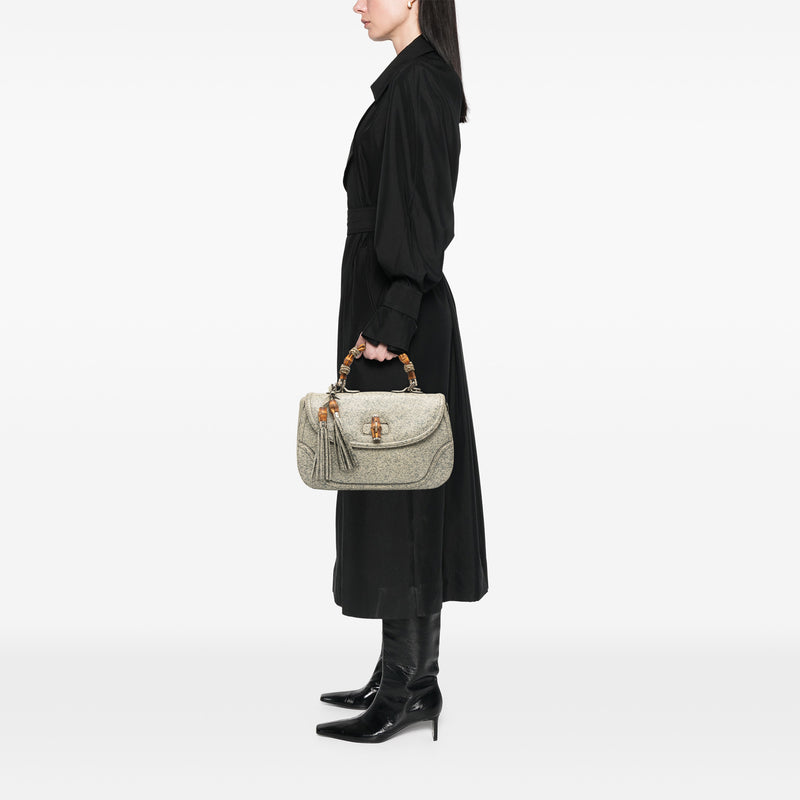 Large Speckled Leather New Bamboo Top Handle Bag - Image 7