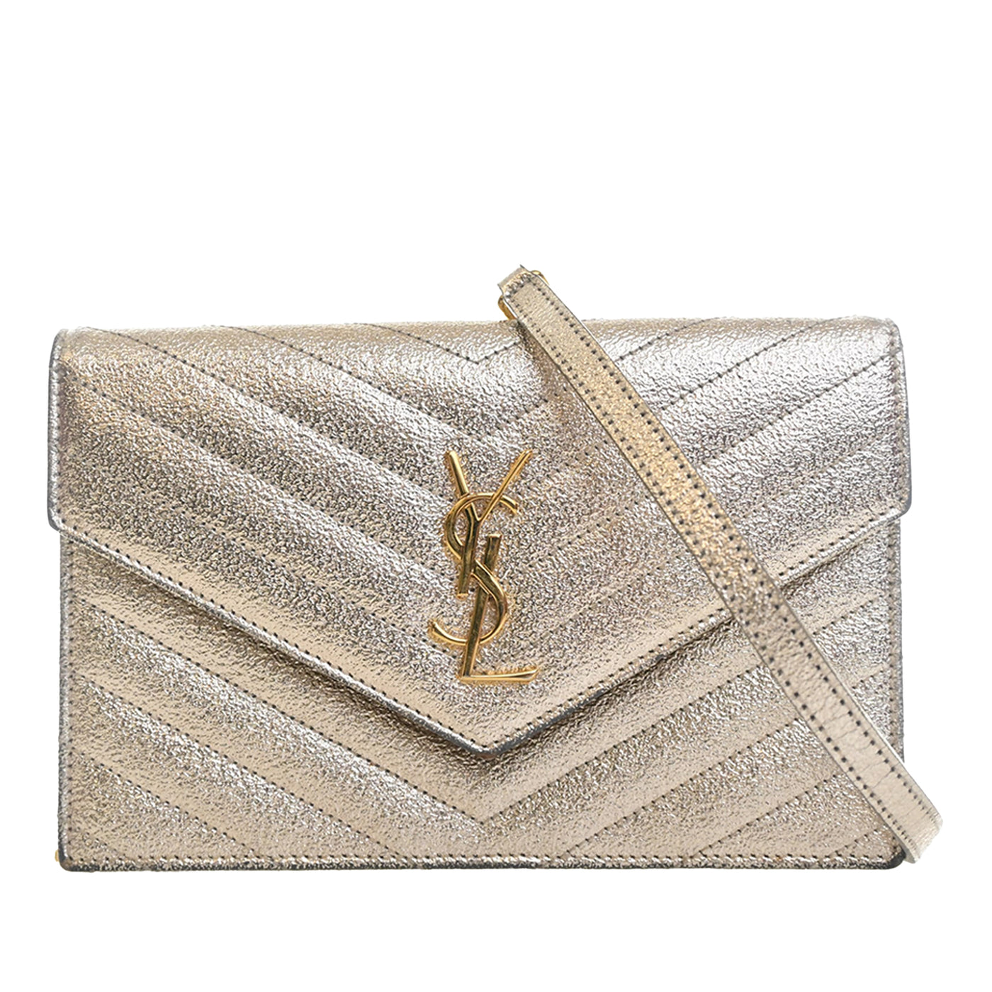 Metallic Crackled Chevron Calfskin Monogram Envelope Chain Wallet - Image 1
