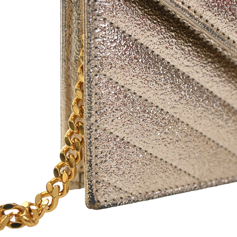 Metallic Crackled Chevron Calfskin Monogram Envelope Chain Wallet - Image 12