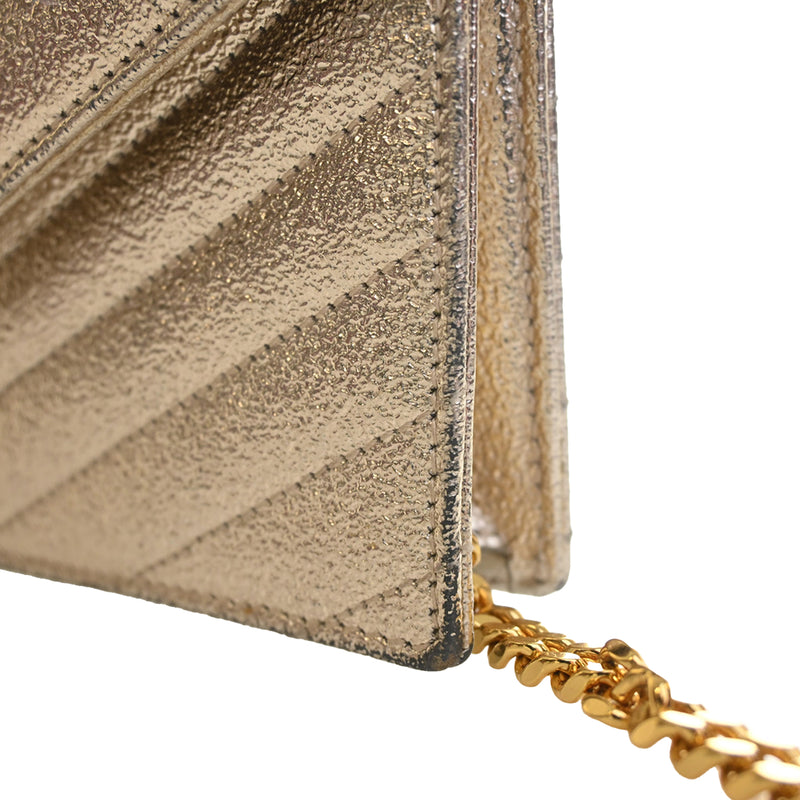 Metallic Crackled Chevron Calfskin Monogram Envelope Chain Wallet - Image 14