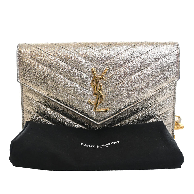 Metallic Crackled Chevron Calfskin Monogram Envelope Chain Wallet - Image 15
