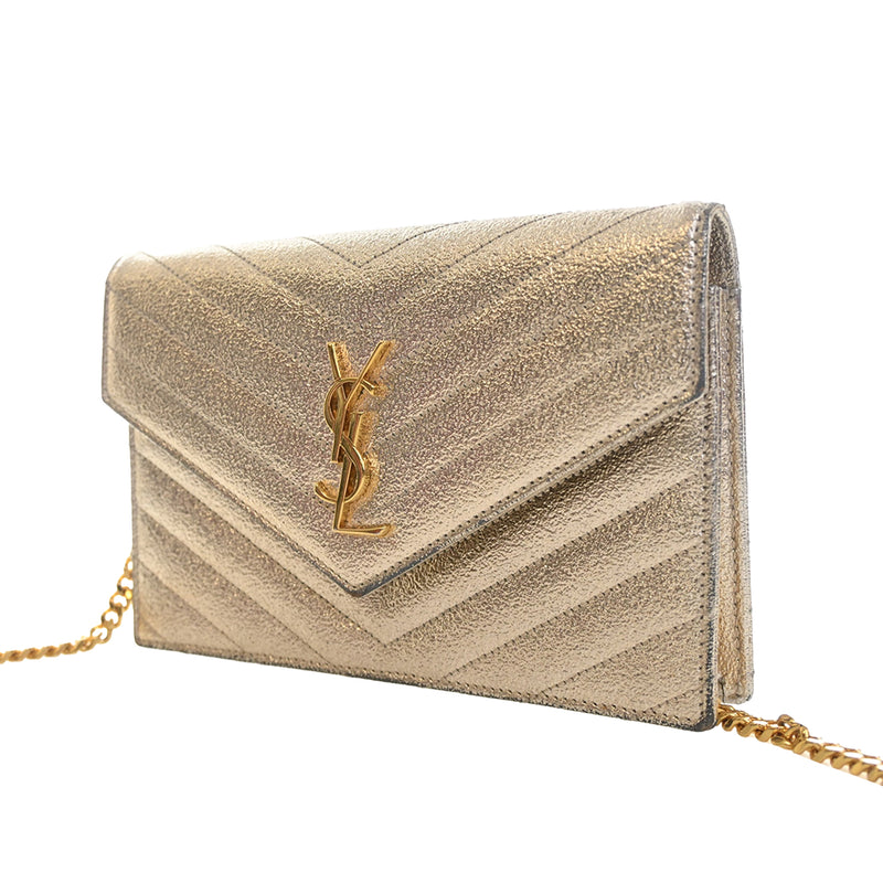 Metallic Crackled Chevron Calfskin Monogram Envelope Chain Wallet - Image 2