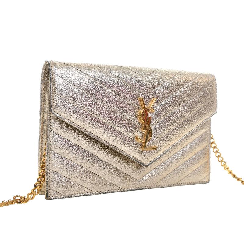 Metallic Crackled Chevron Calfskin Monogram Envelope Chain Wallet - Image 3
