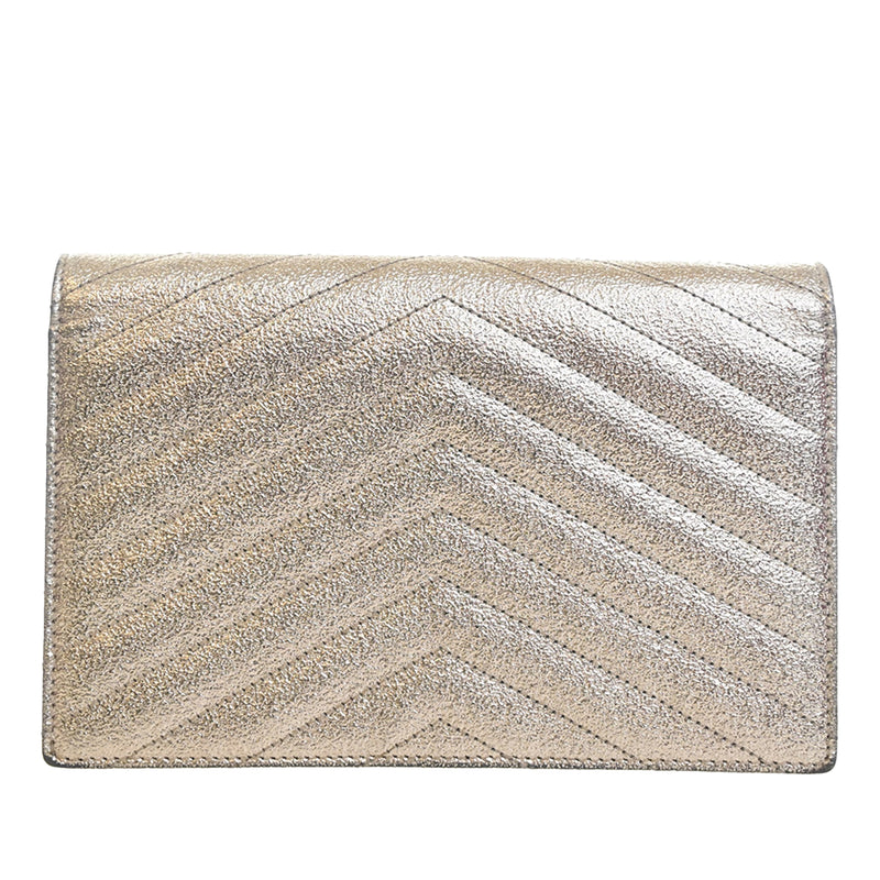 Metallic Crackled Chevron Calfskin Monogram Envelope Chain Wallet - Image 4