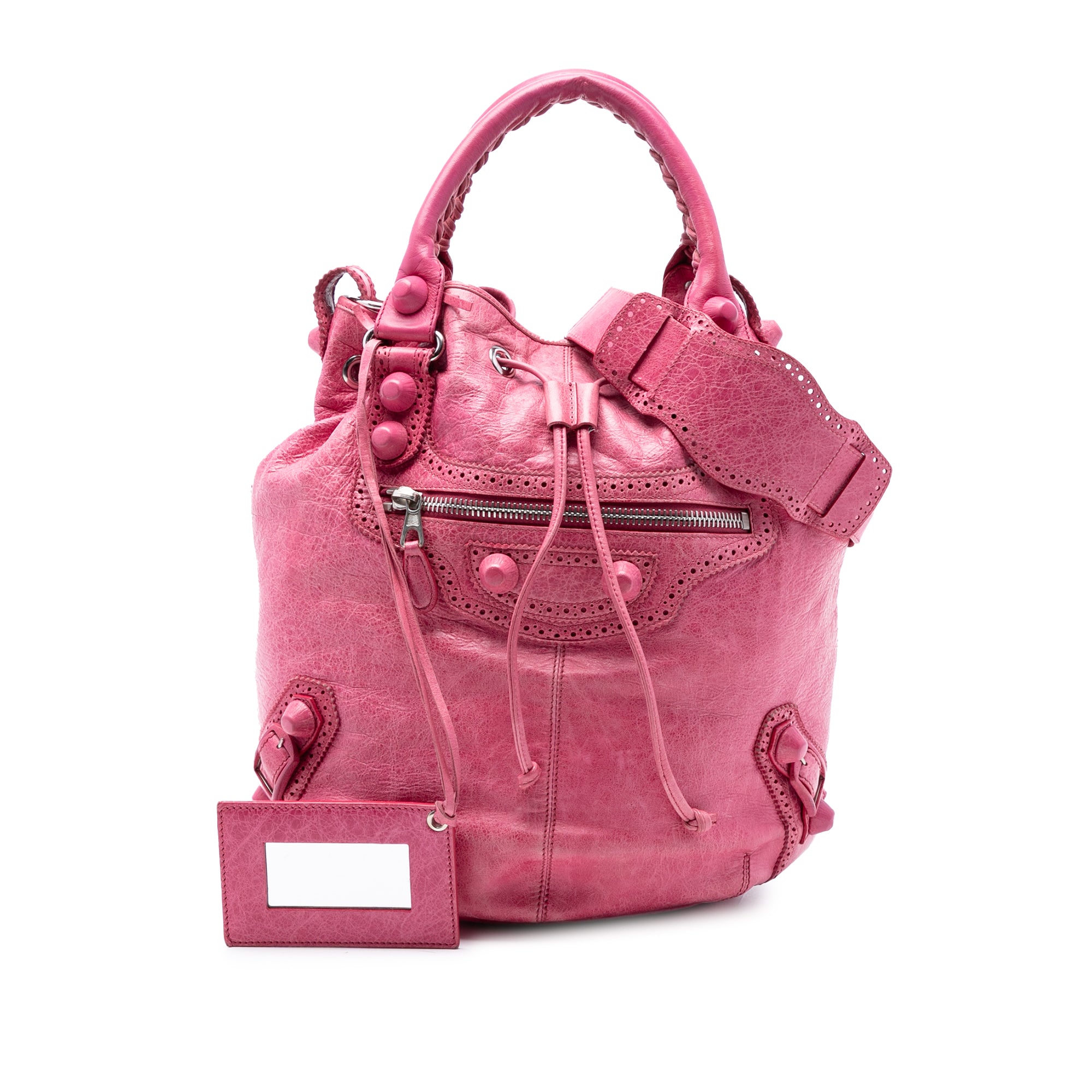 Lambskin Motocross Giant Brogues Pompon Bucket Bag - Image 8
