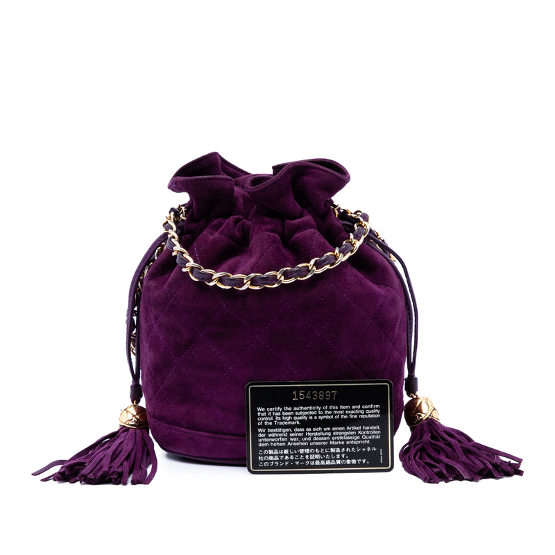CC Quilted Suede Drawstring Tassel Bucket Bag - Image 7