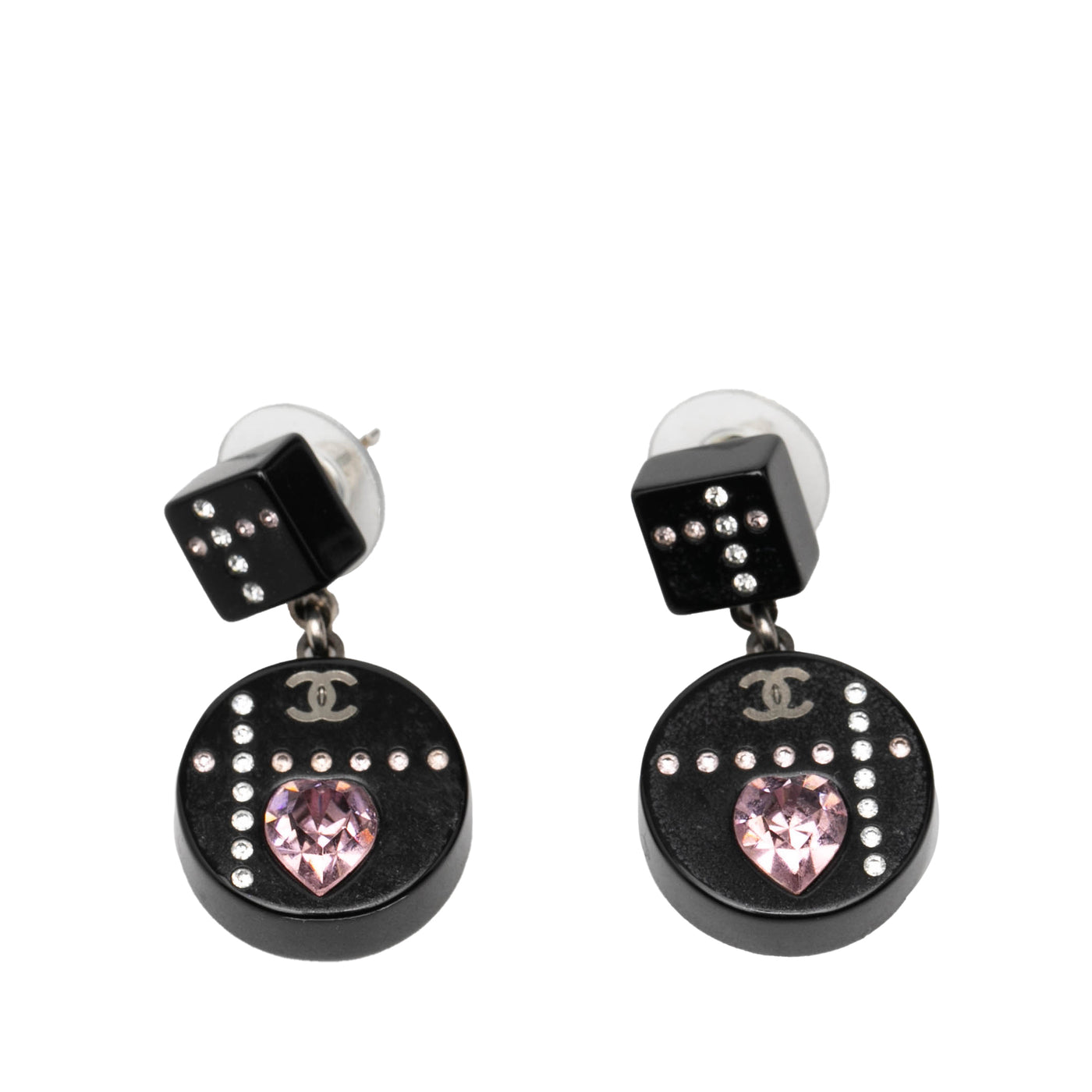 Resin CC Dice and Heart Crystal Drop Push Back Earrings - Image 1