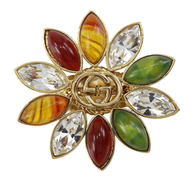 Gold Plated Strass Interlocking G Flower Ring