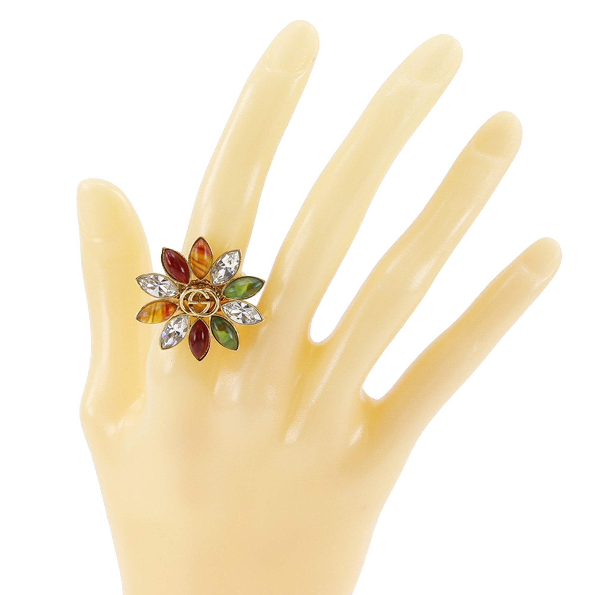 Gold Plated Strass Interlocking G Flower Ring - Image 6