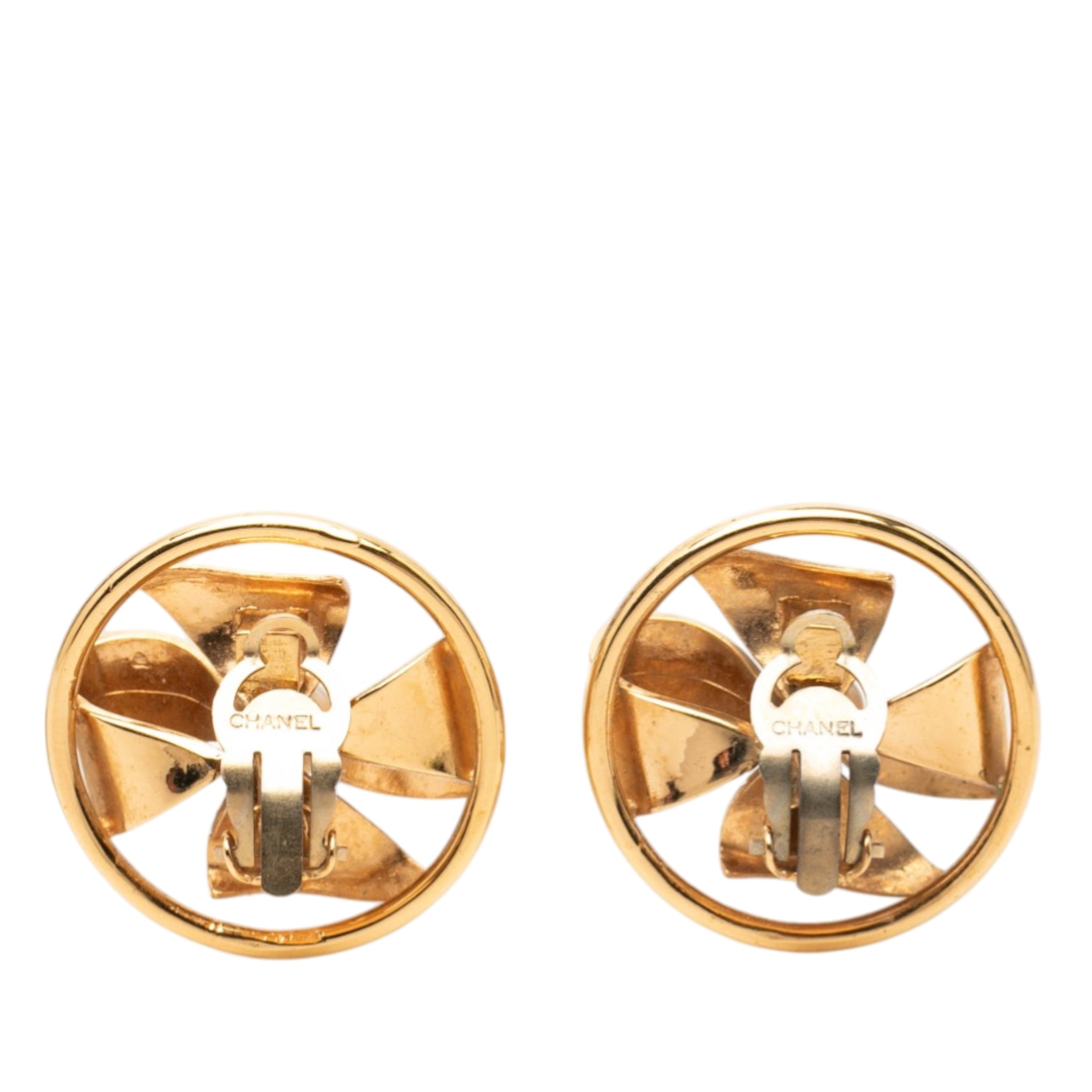 CC Gold Plated Faux Pearl Pinwheel Ribbon Clip On Earrings - Image 2