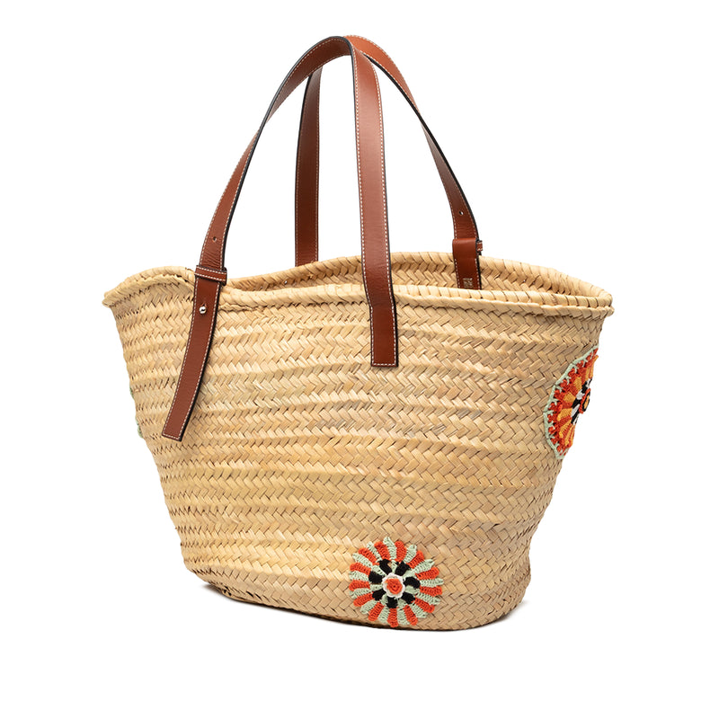 Large Floral Embroidered Raffia Basket Tote - Image 2