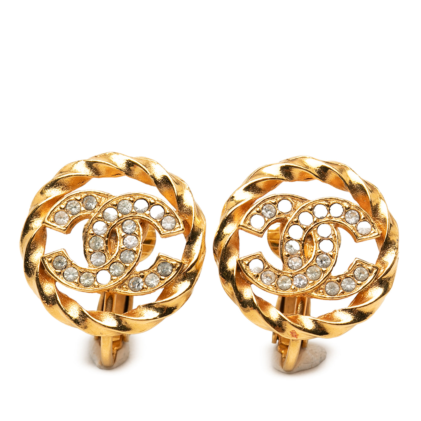 Gold Plated CC Crystal Twisted Round Clip On Earrings - Image 1