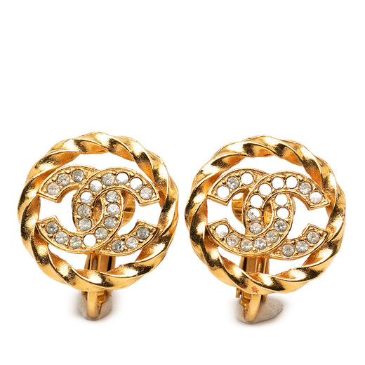Gold Plated CC Crystal Twisted Round Clip On Earrings - Image 1