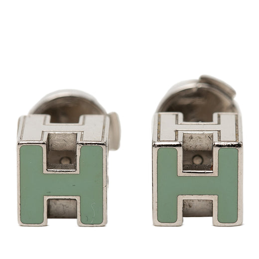 Palladium Plated Enamel Cage dH Cube Push Back Earrings - Image 1