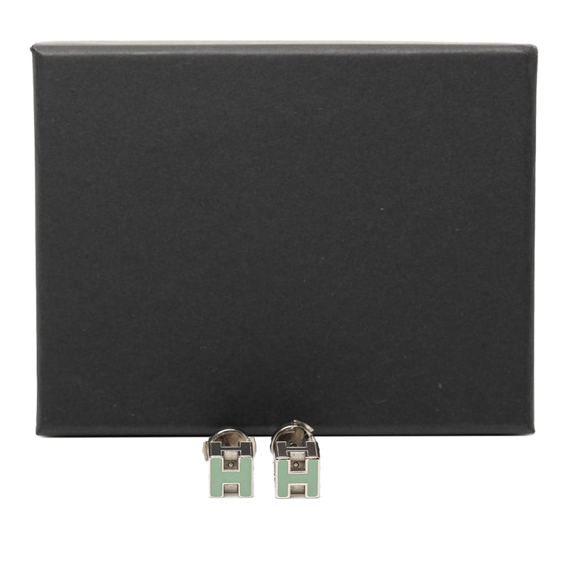 Palladium Plated Enamel Cage dH Cube Push Back Earrings - Image 4
