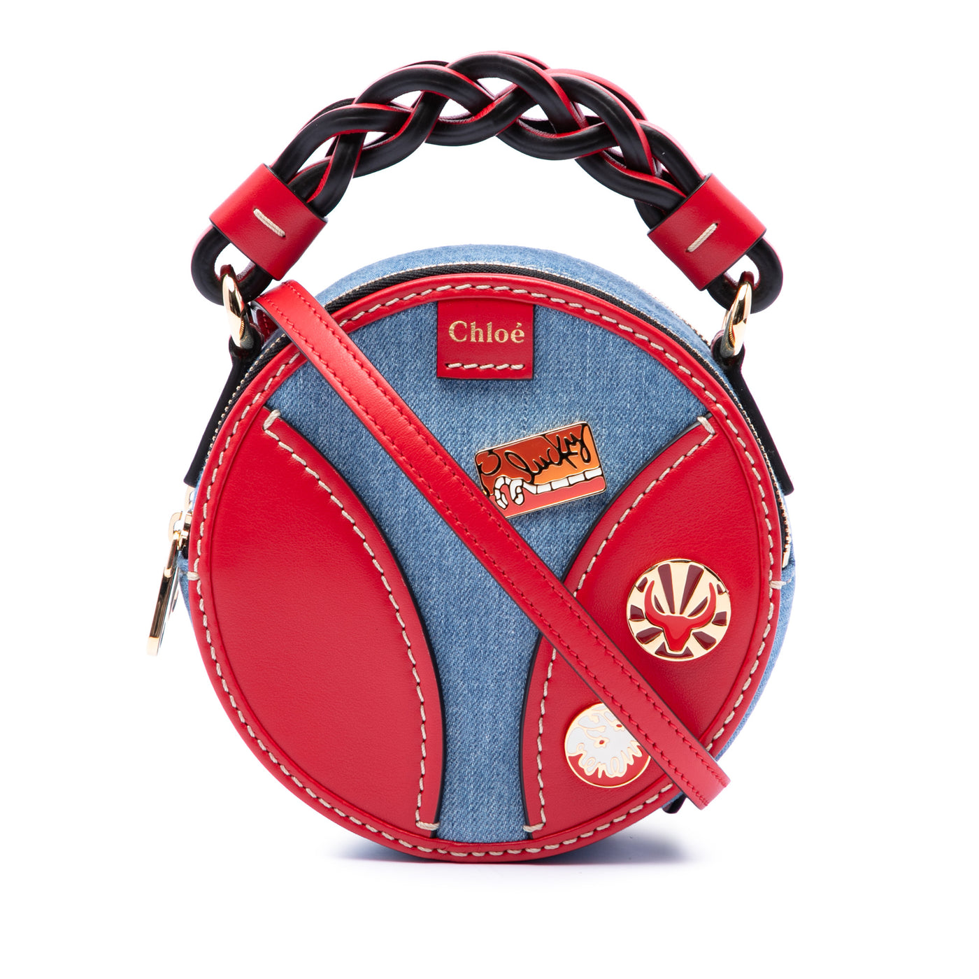 Mini Denim and Calfskin Daria Round Satchel - Image 1