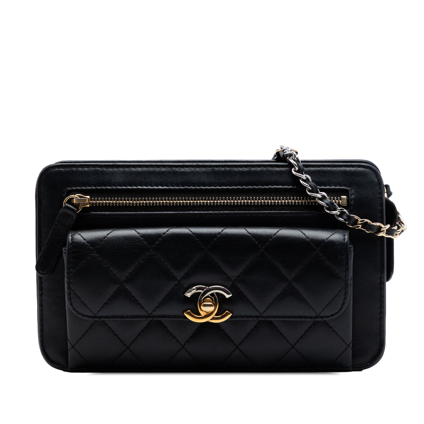 Quilted Lambskin Front Pocket Clutch With Chain - Image 1