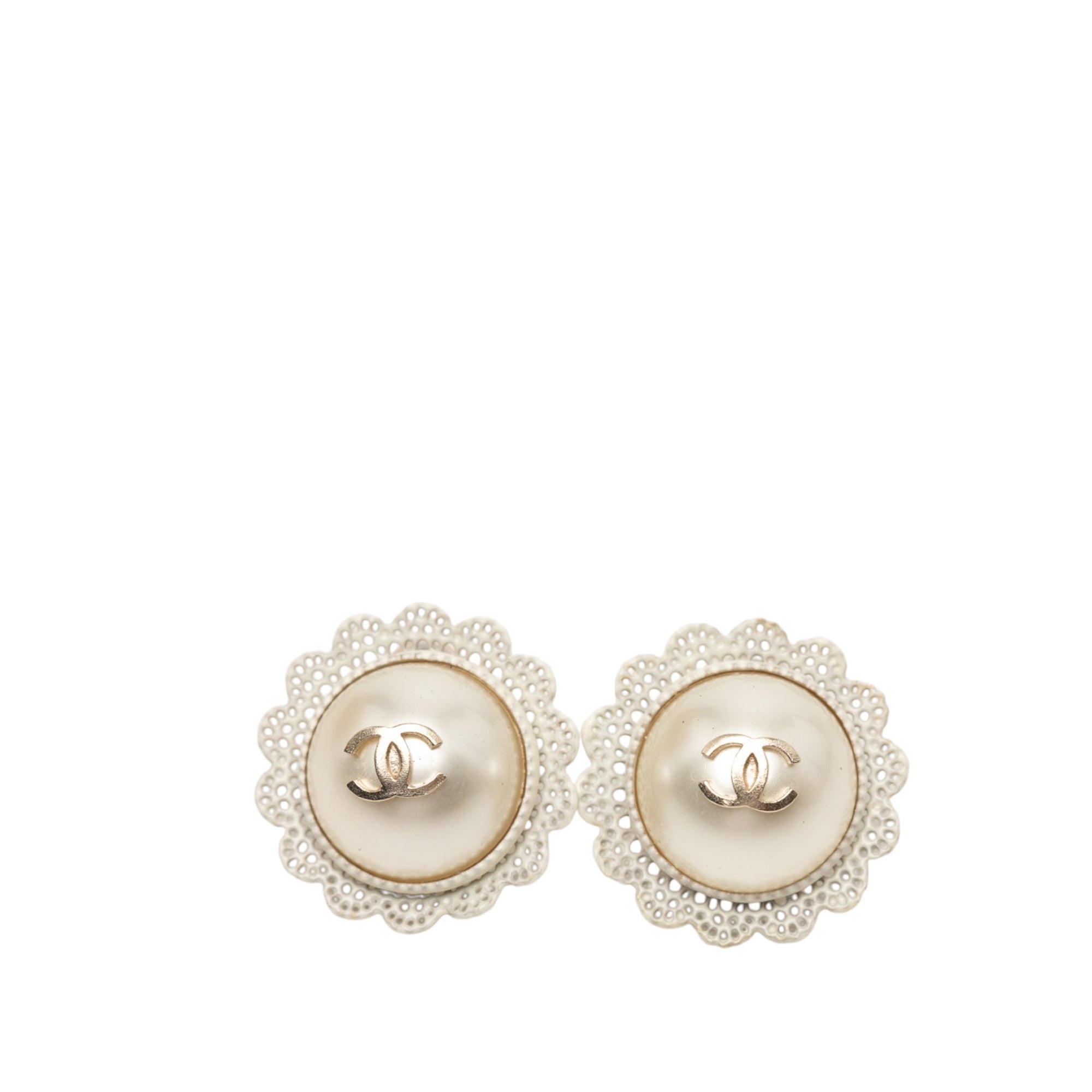 CC Gold Plated Faux Pearl Lace Push Back Earrings - Image 1