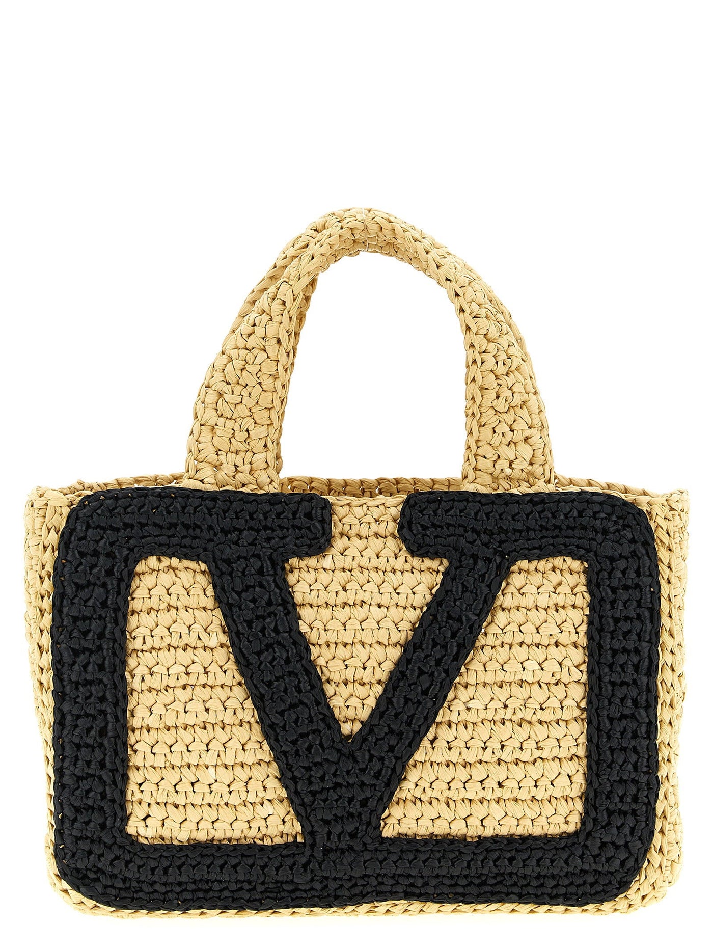 Valentino Garavani Logo Crochet Raffia Tote Bag — Beige