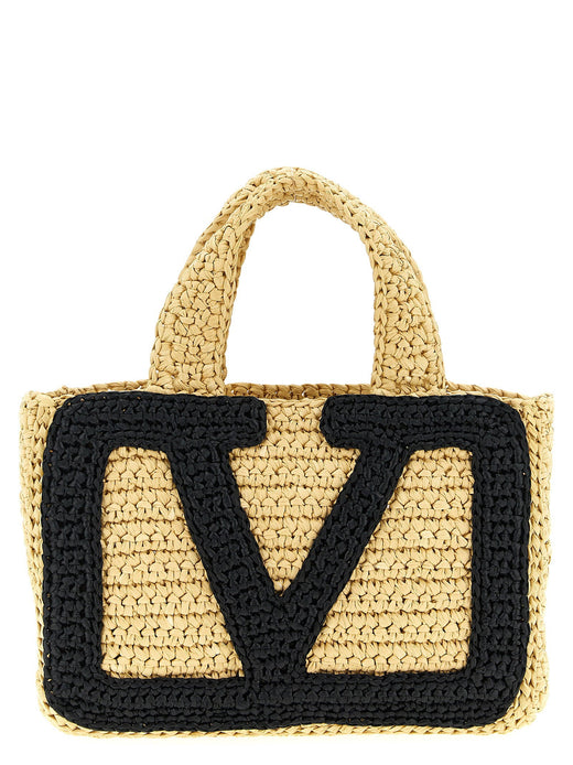 Valentino Garavani Logo Crochet Raffia Tote Bag — Beige