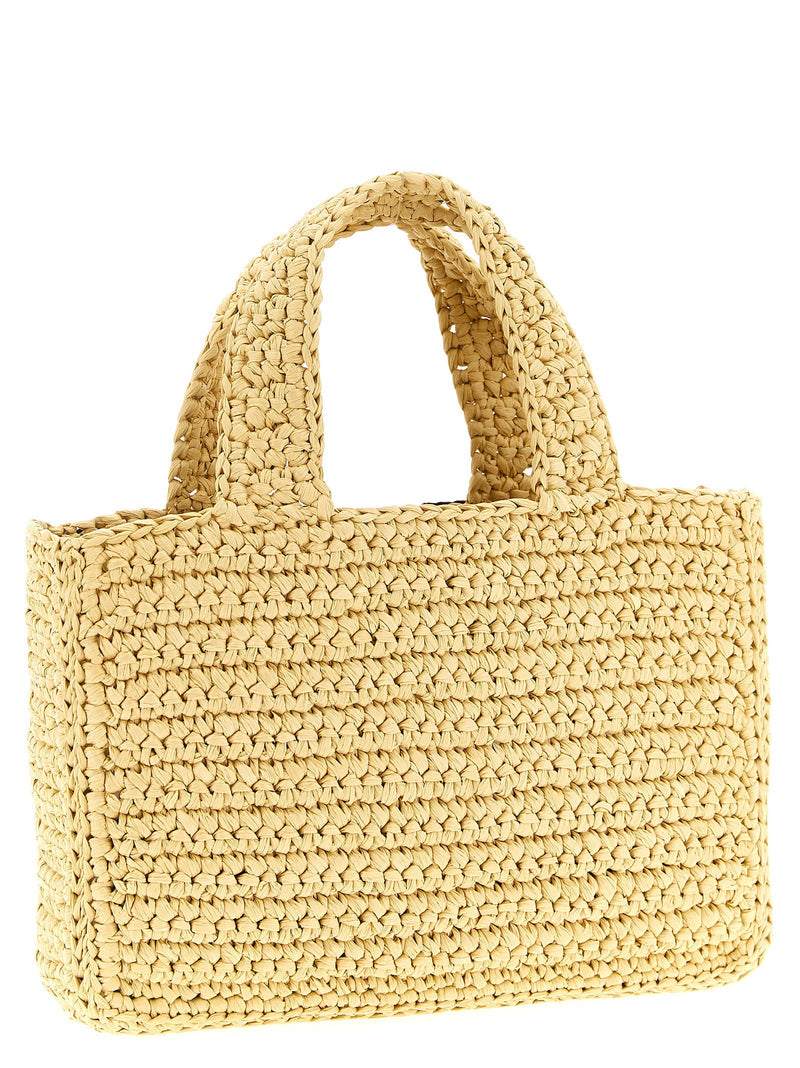 Valentino Garavani Logo Crochet Raffia Tote Bag — Beige