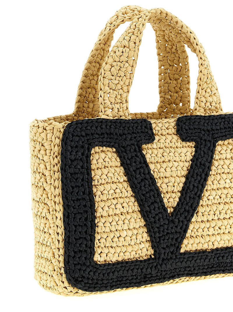 Valentino Garavani Logo Crochet Raffia Tote Bag — Beige