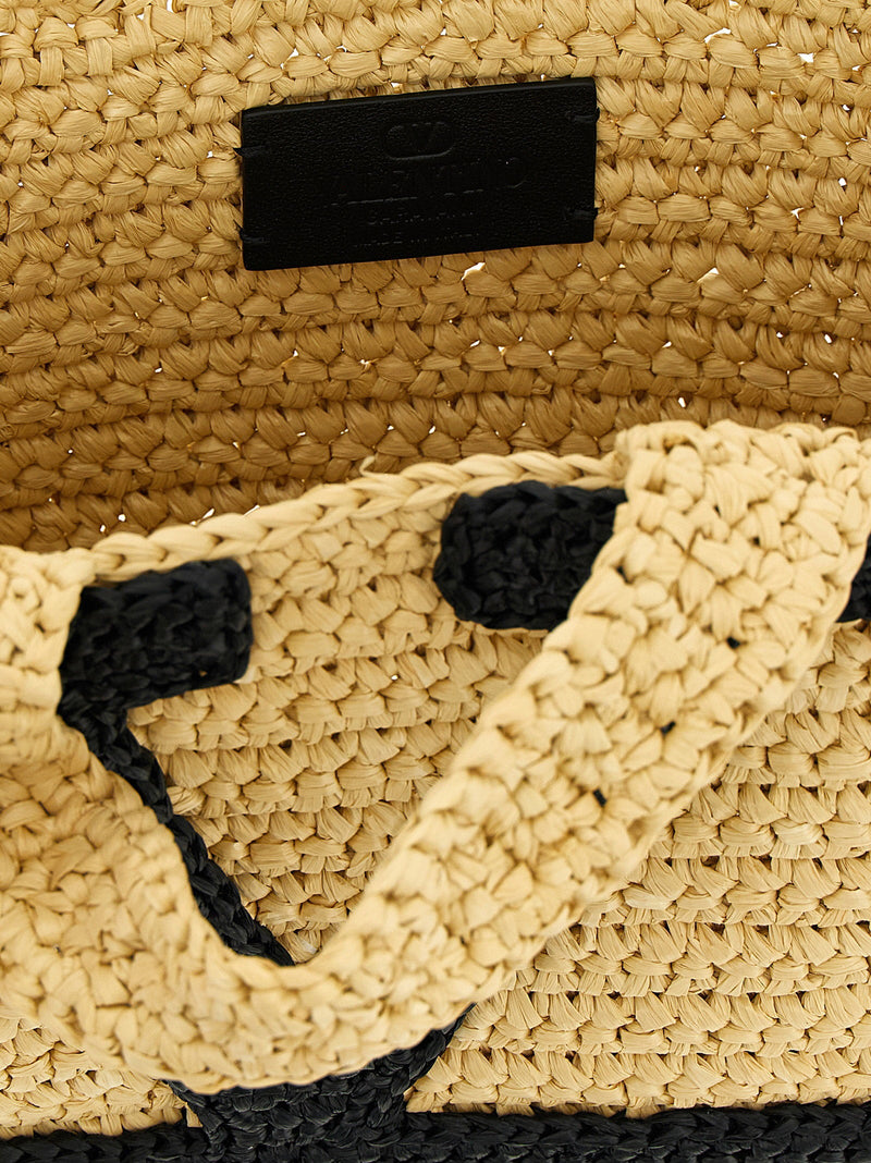 Valentino Garavani Logo Crochet Raffia Tote Bag — Beige