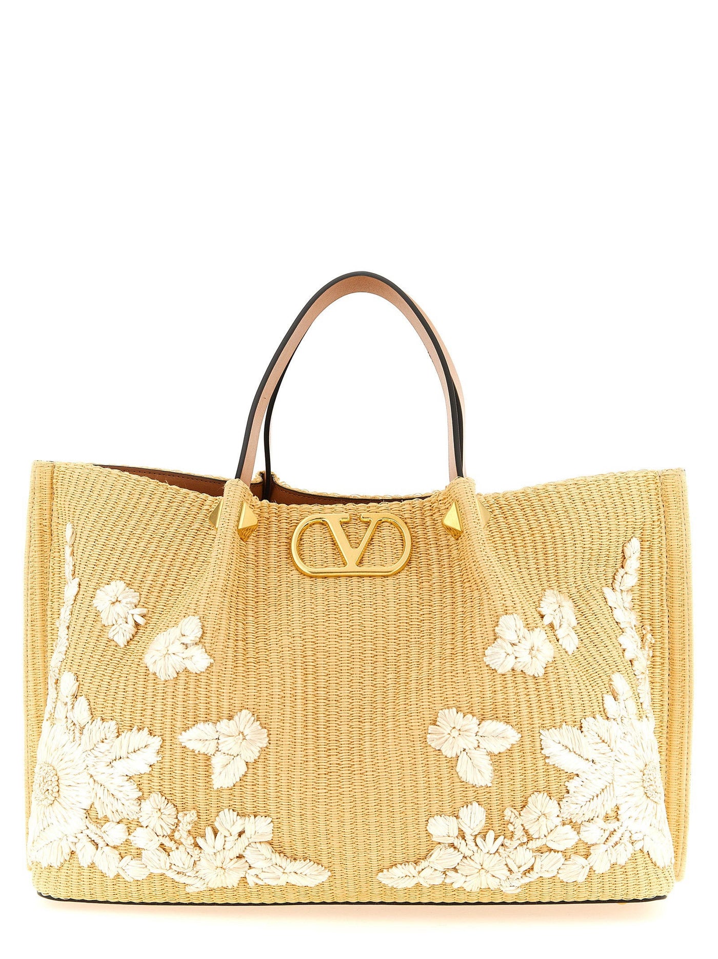 Valentino Garavani Floral Embroidered Raffia Tote Bag — Yellow