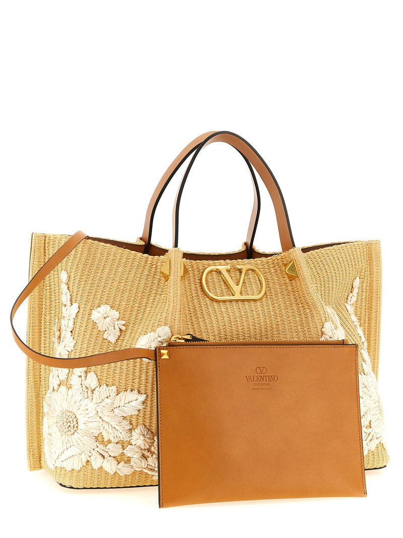 Valentino Garavani Floral Embroidered Raffia Tote Bag — Yellow