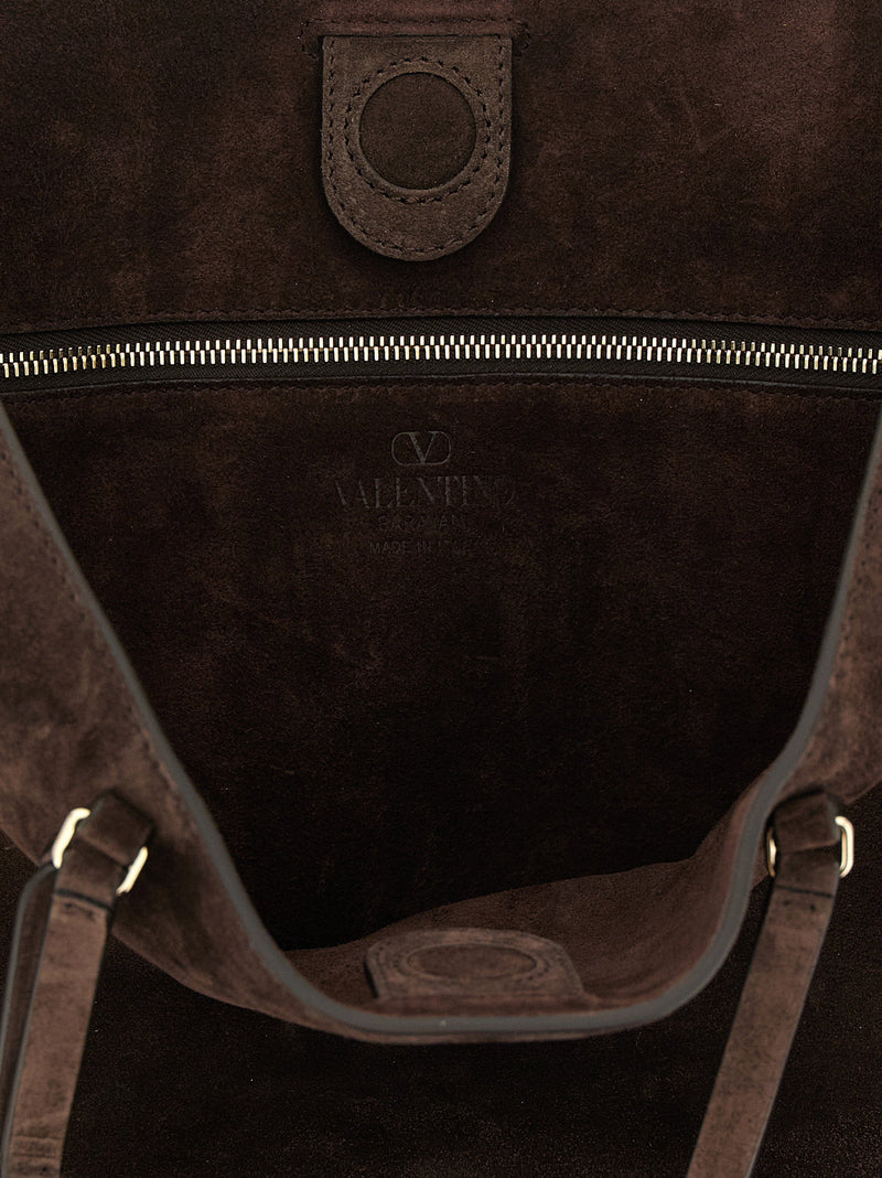 Valentino Garavani Rockstud-Trimmed Suede Shoulder Bag — Brown