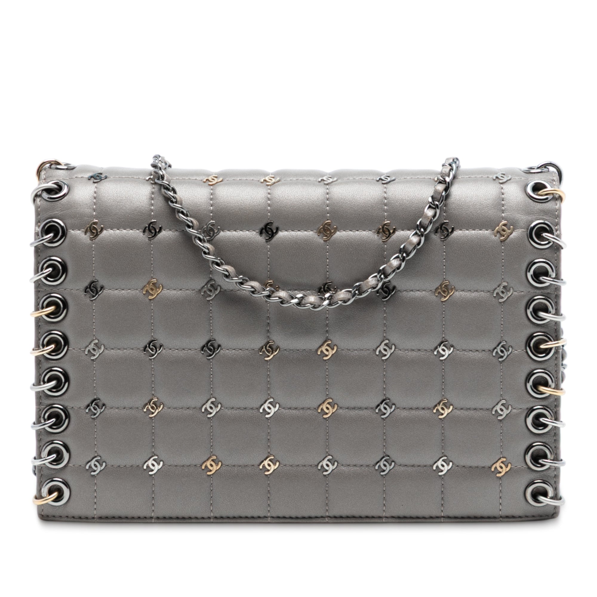 Small Lambskin Chocolate Bar CC Piercing Studded Chain Flap - Image 1